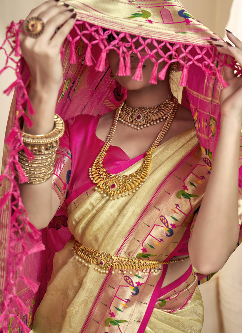 Cream Zari Woven Paithani Tissue Silk Saree
