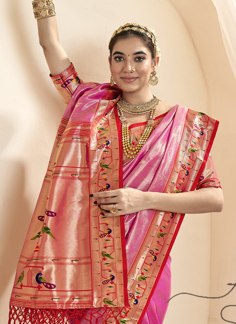 Cherry Pink Zari Woven Paithani Tissue Silk Saree