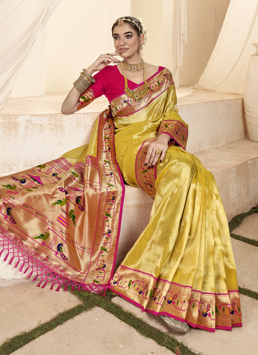 Pastel Yellow Zari Woven Paithani Tissue Silk Saree