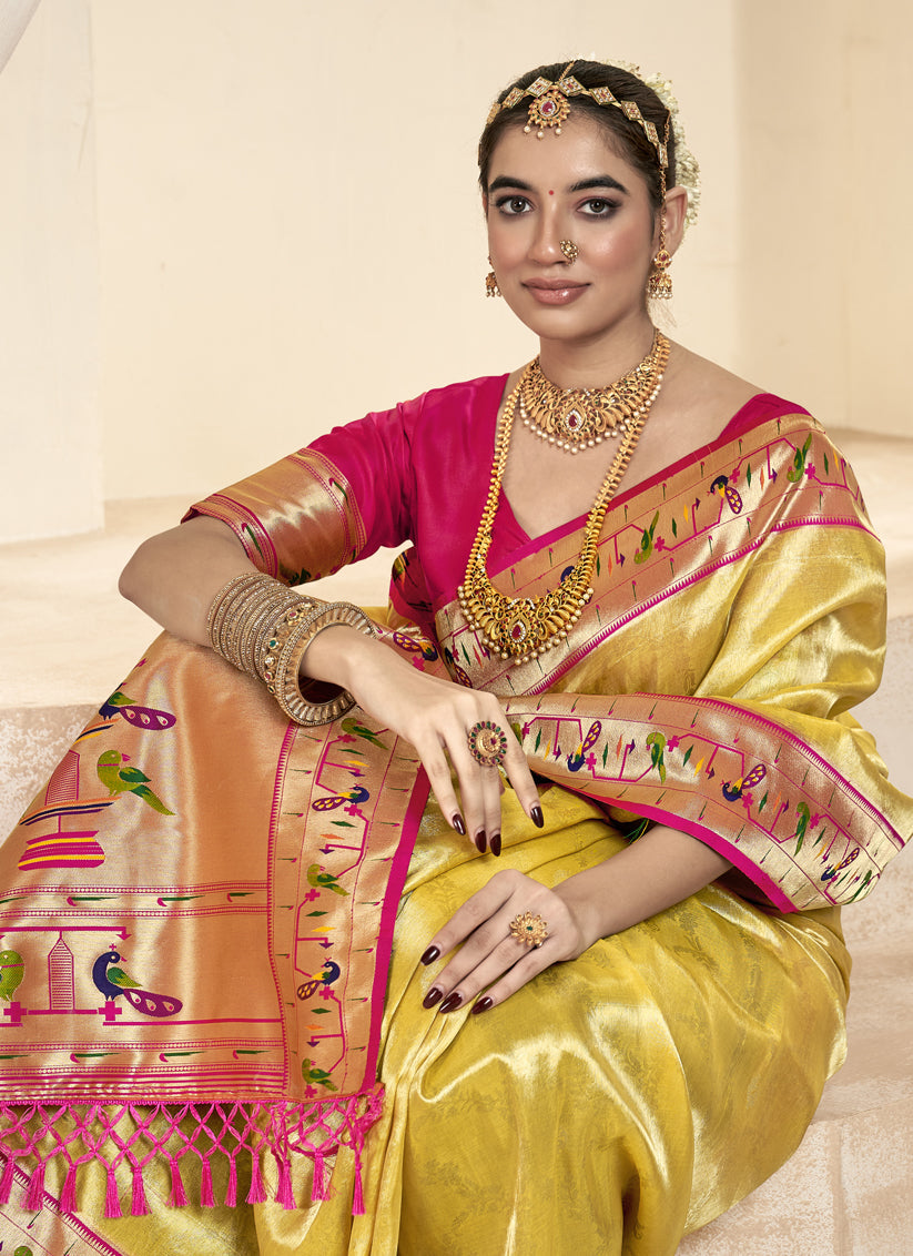 Pastel Yellow Zari Woven Paithani Tissue Silk Saree