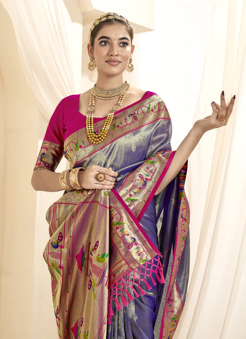 Violet Zari Woven Paithani Tissue Silk Saree