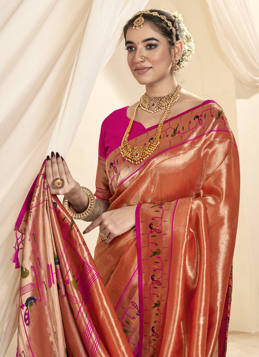 Salmon Orange Zari Woven Paithani Tissue Silk Saree