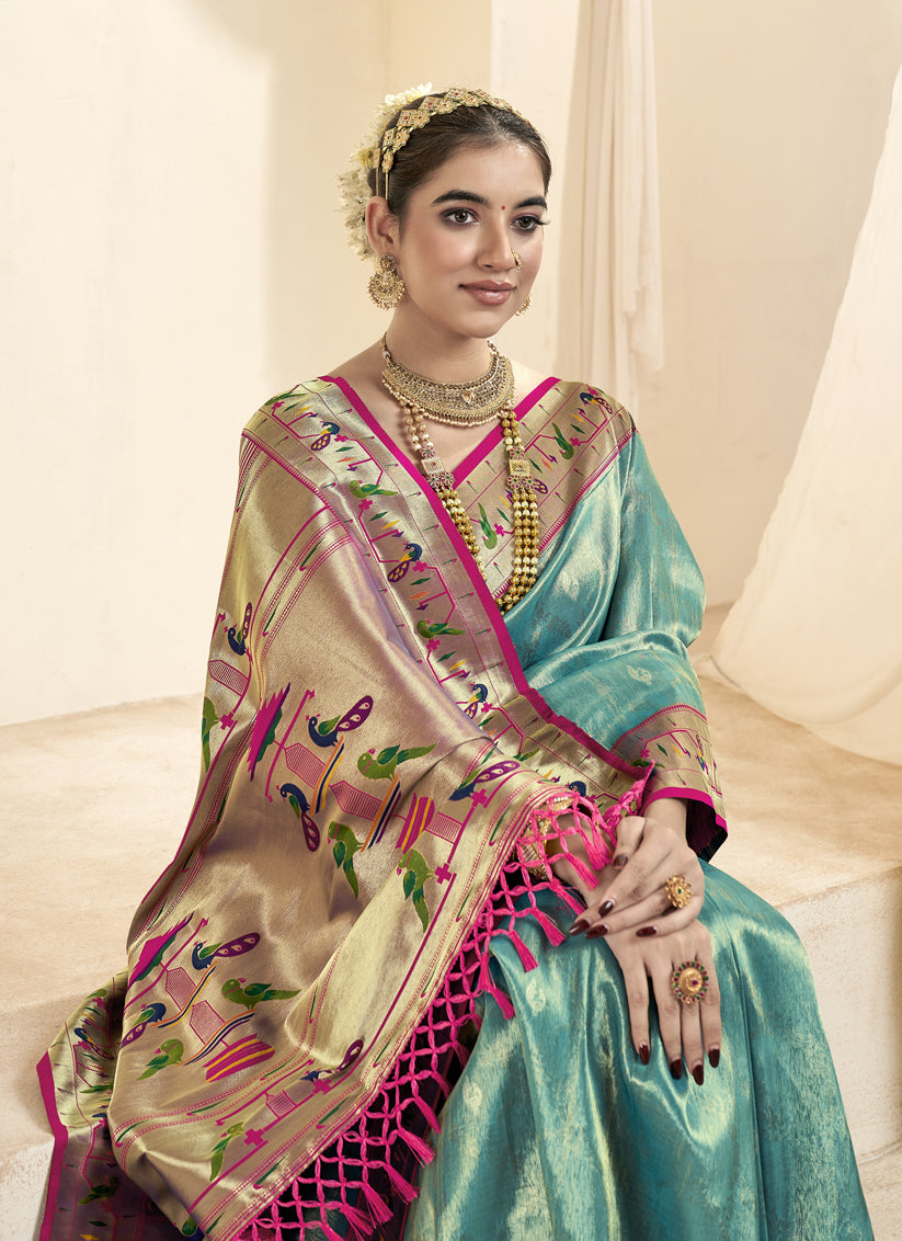 Firozi Zari Woven Paithani Tissue Silk Saree