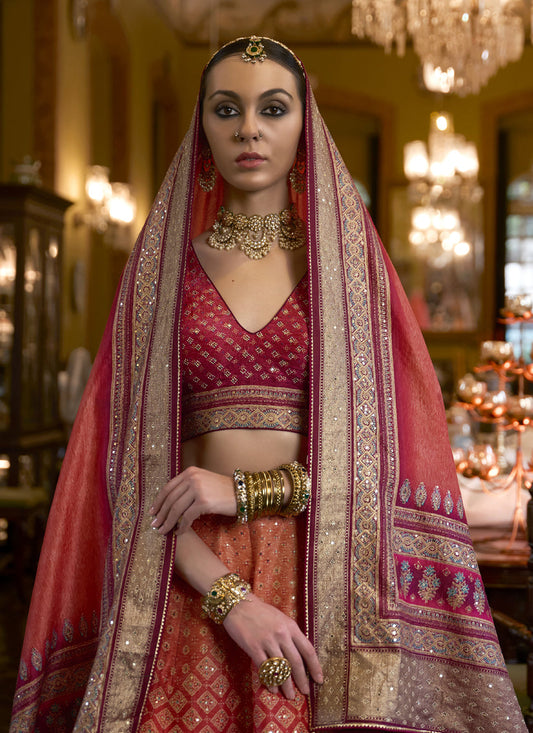 Rani Pink and Orange Rajwadi Silk Embellished Designer Lehenga Choli