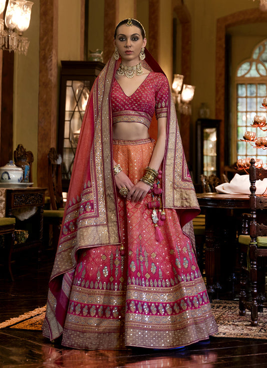 Rani Pink and Orange Rajwadi Silk Embellished Designer Lehenga Choli