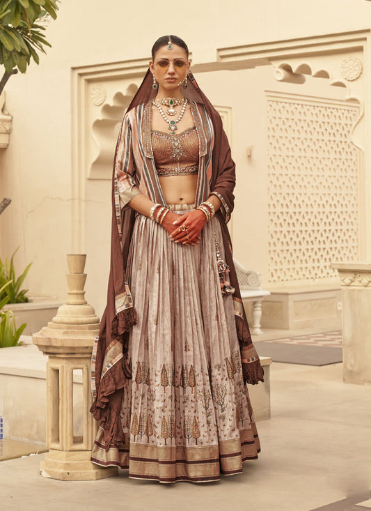 Beige Viscose Silk Designer Lehenga Choli with Jacket