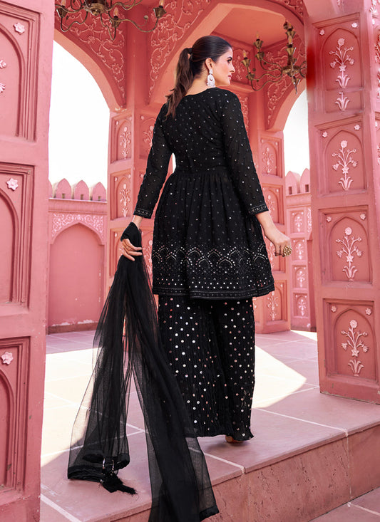 Black Georgette Embroidered Sharara Kameez