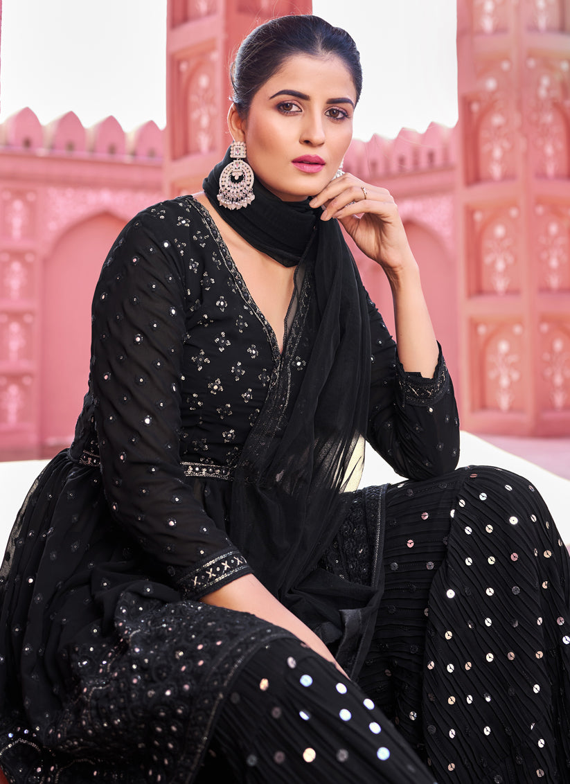 Black Georgette Embroidered Sharara Kameez