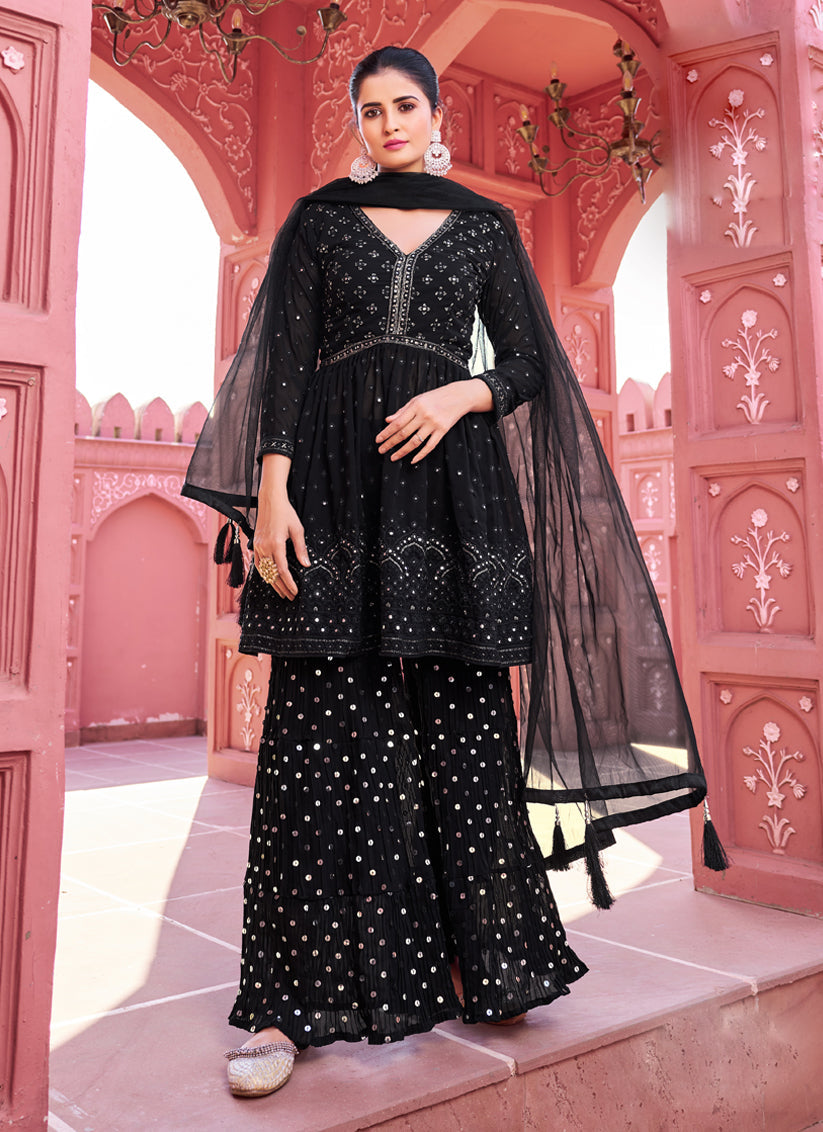Black Georgette Embroidered Sharara Kameez