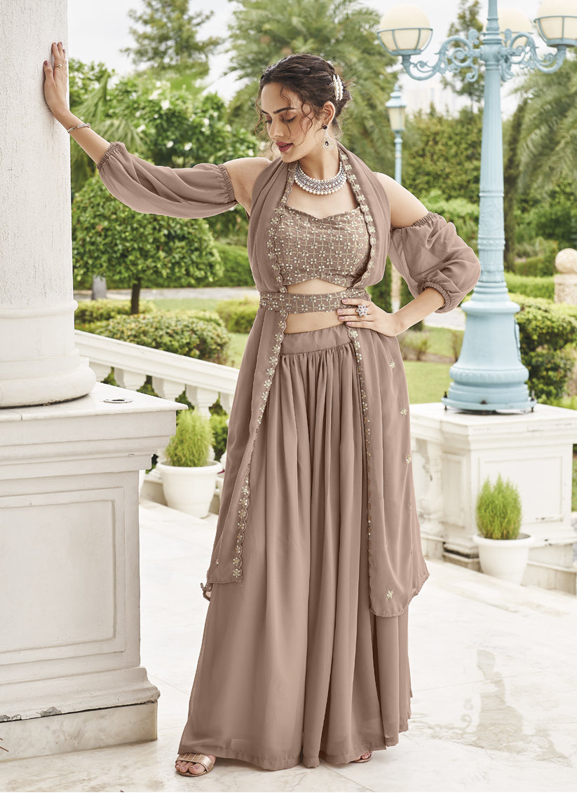 Beige Faux Georgette Designer Lehenga Choli Set