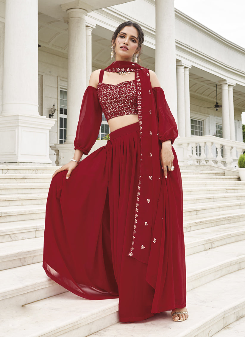 Red Faux Georgette Designer Lehenga Choli Set