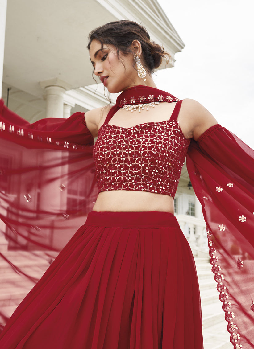 Red Faux Georgette Designer Lehenga Choli Set