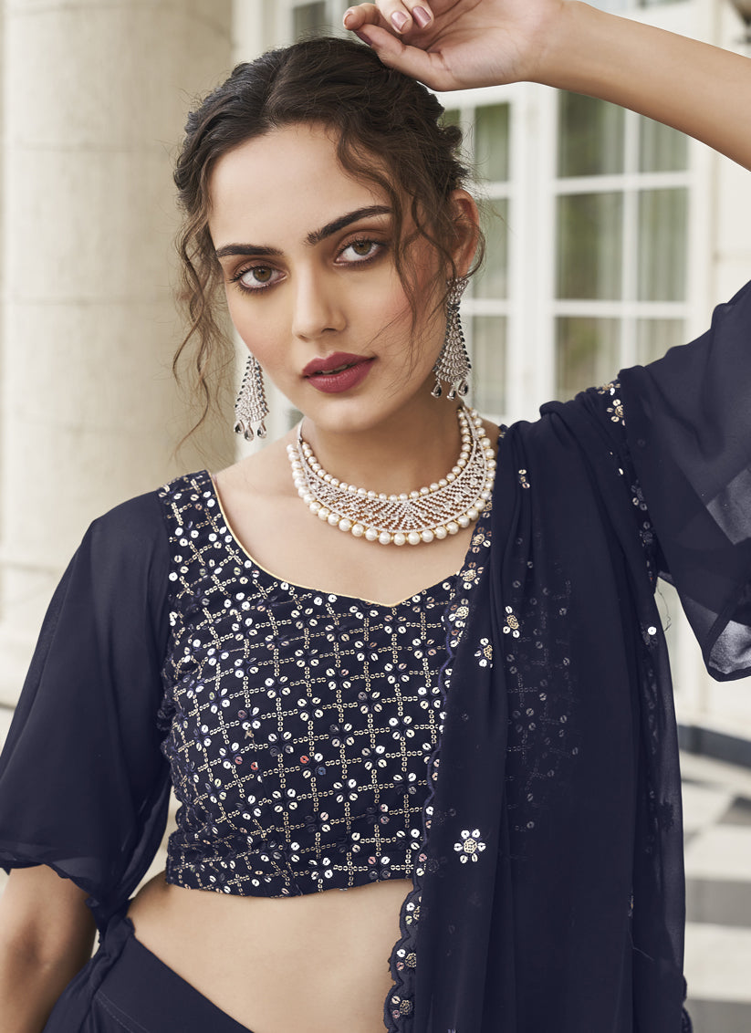 Navy Blue Faux Georgette Designer Lehenga Choli Set