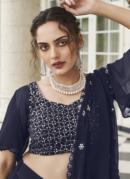 Navy Blue Faux Georgette Designer Lehenga Choli Set