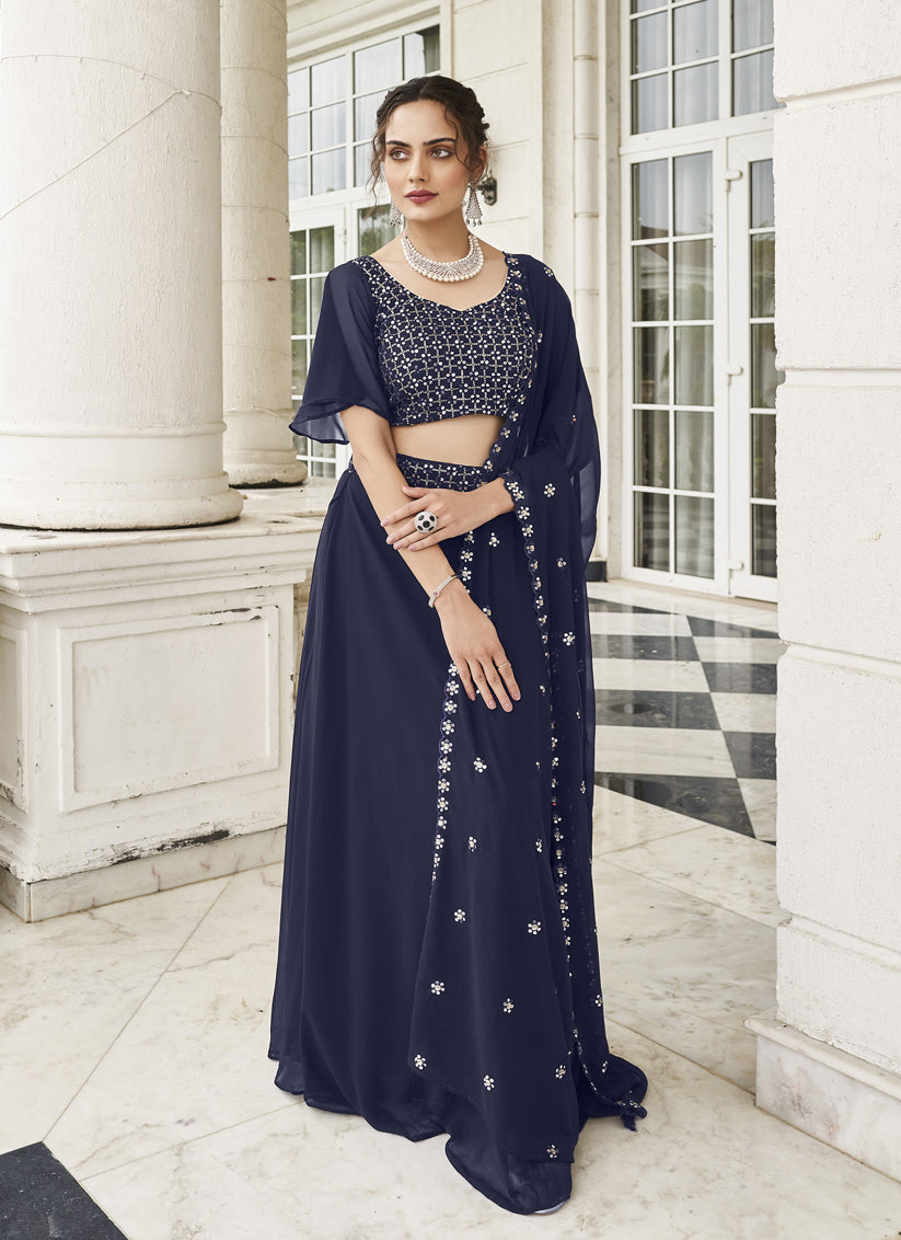 Navy Blue Faux Georgette Designer Lehenga Choli Set