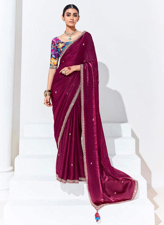 Wine Organza Embellished Designer Saree