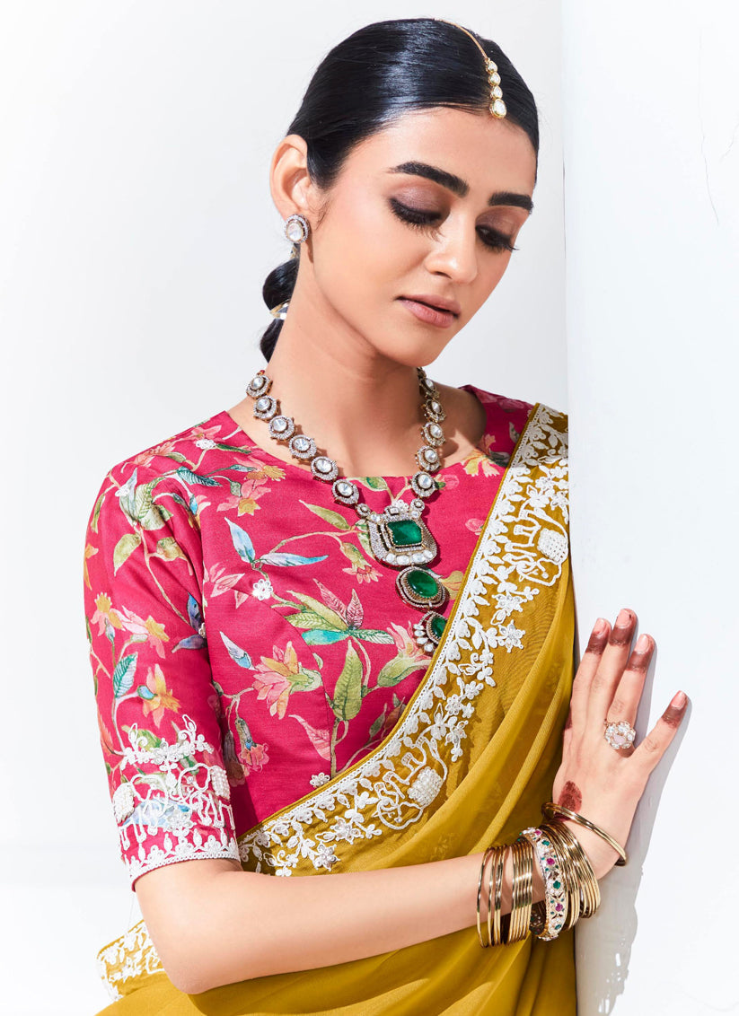 Maize Yellow Organza Embellished Designer Saree