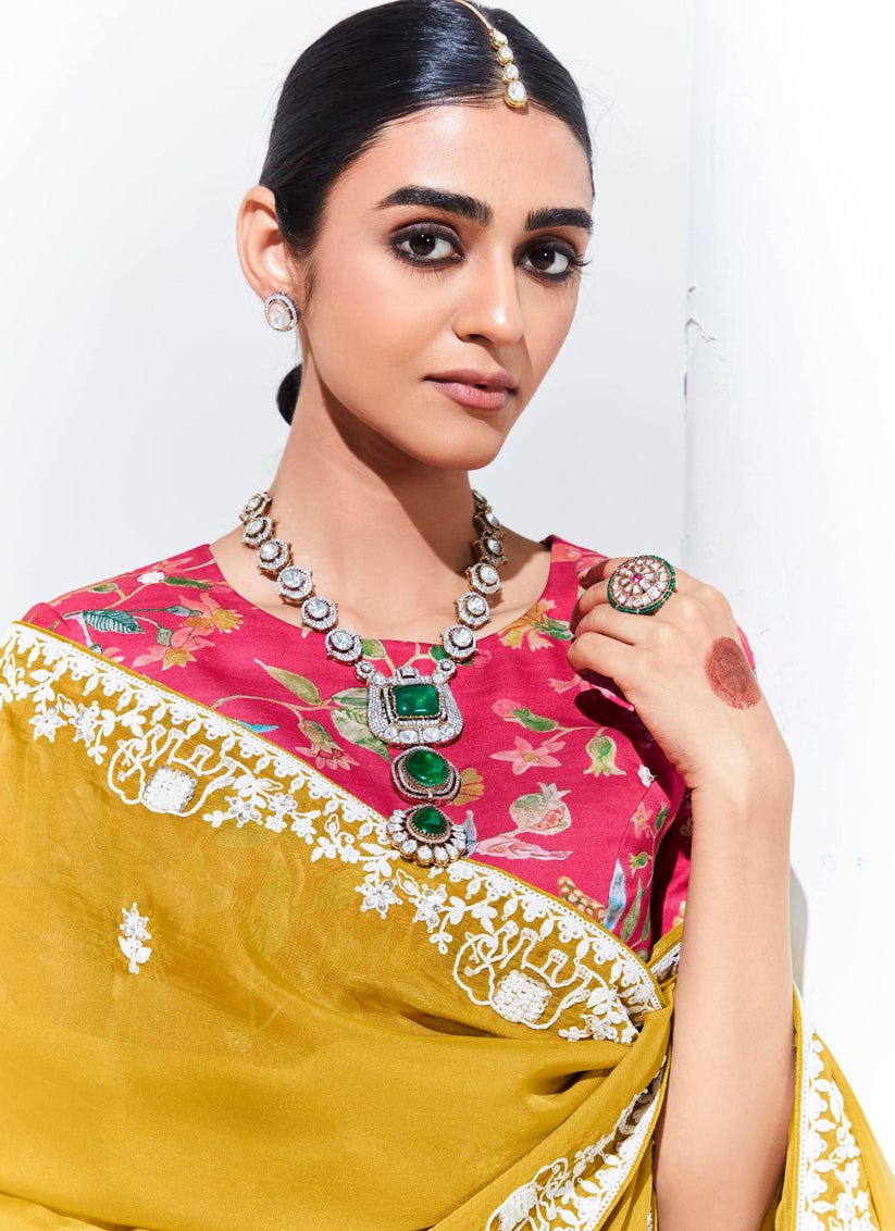 Maize Yellow Organza Embellished Designer Saree