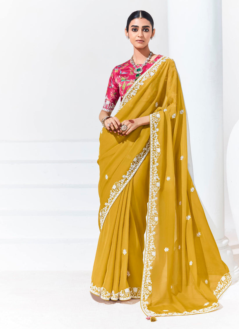 Maize Yellow Organza Embellished Designer Saree