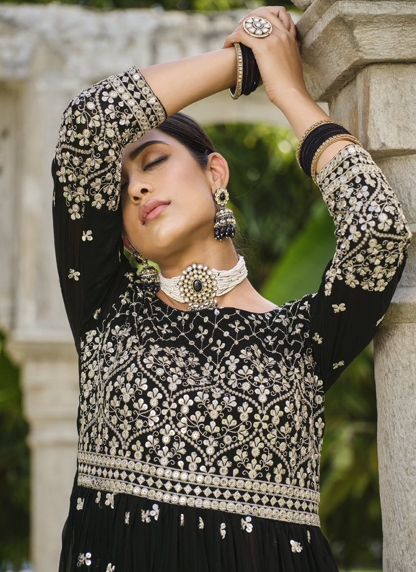 Black Pure Faux Georgette Palazzo Kameez Suit