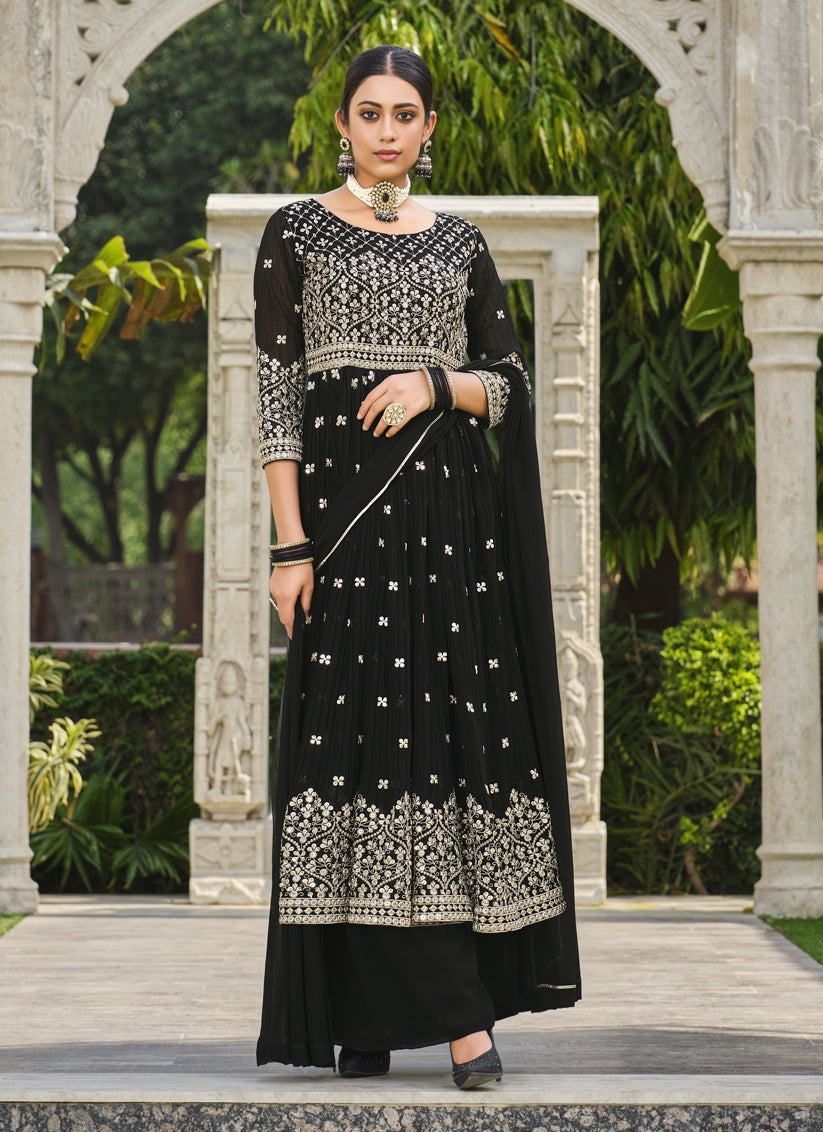 Black Pure Faux Georgette Palazzo Kameez Suit