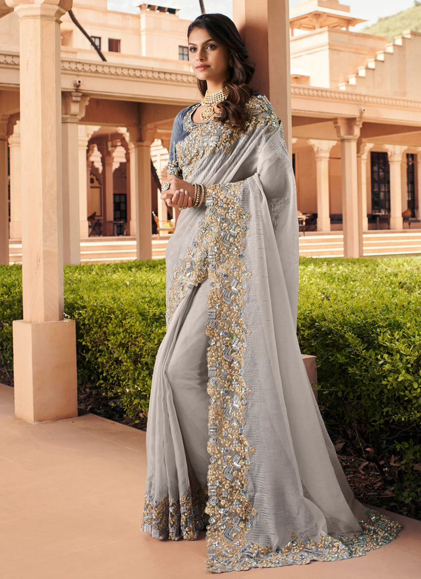 Grey Pure Silk Embroidered Wedding Saree