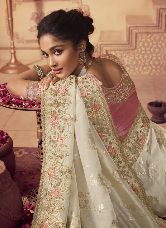 Pearl White Smoked Viscose Embroidered Saree
