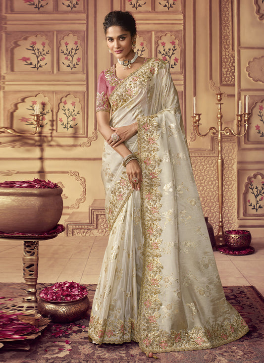 Pearl White Smoked Viscose Embroidered Saree