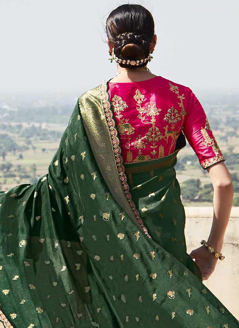 Dark Green Silk Embroidered Wedding Saree