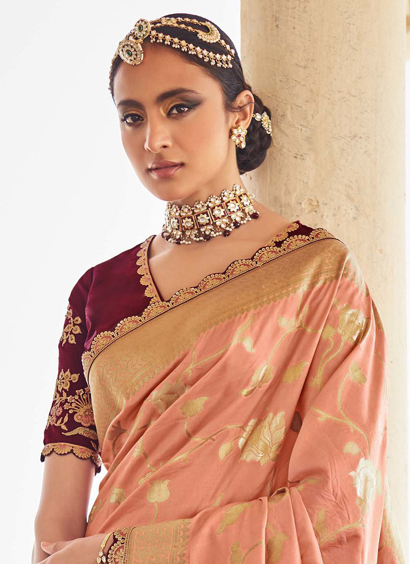 Peach Silk Embroidered Wedding Saree