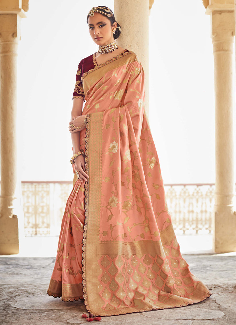 Peach Silk Embroidered Wedding Saree