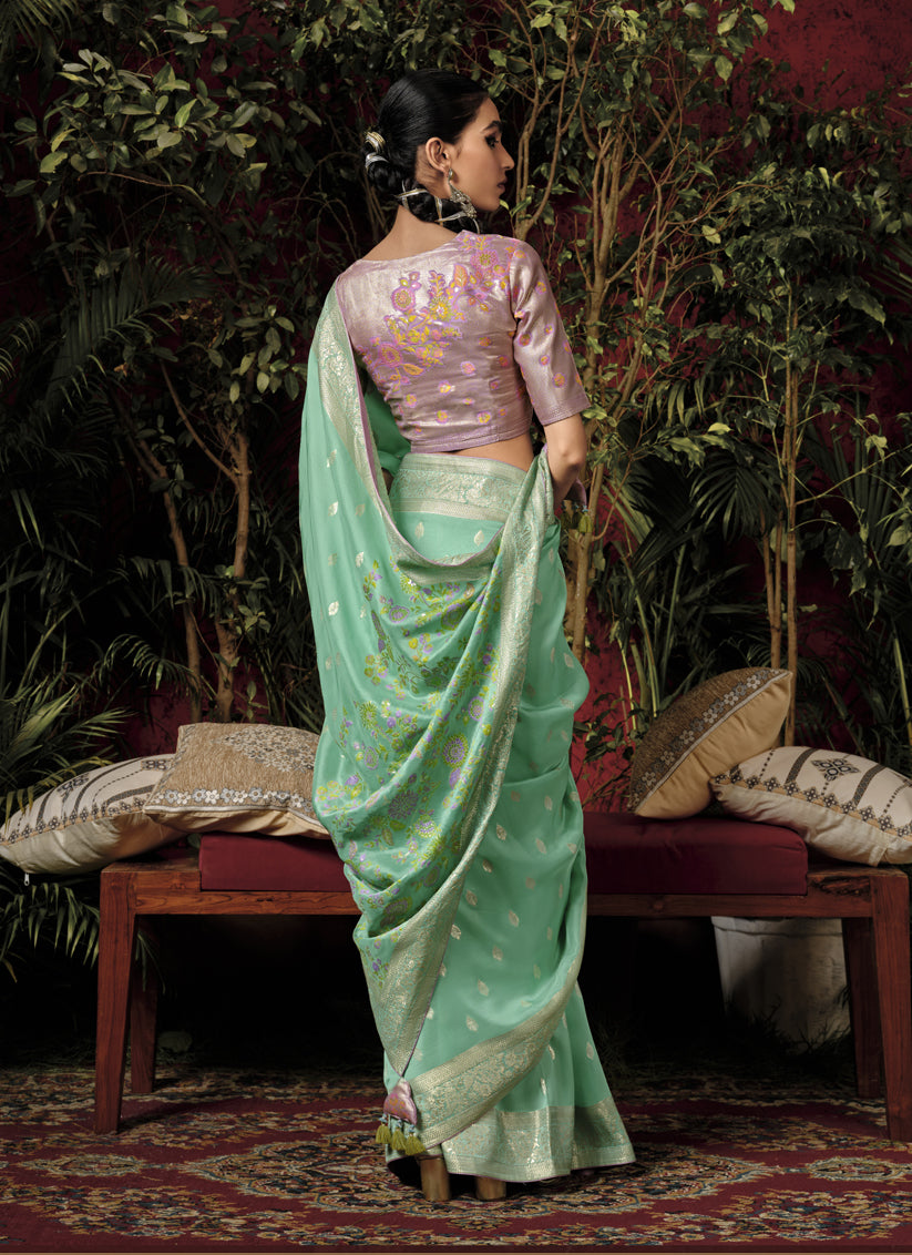 Sea Green Pure Viscose Dola Silk Zari Woven Saree for Wedding