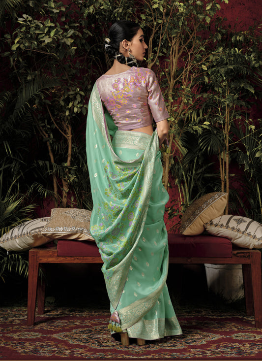 Sea Green Pure Viscose Dola Silk Zari Woven Saree for Wedding