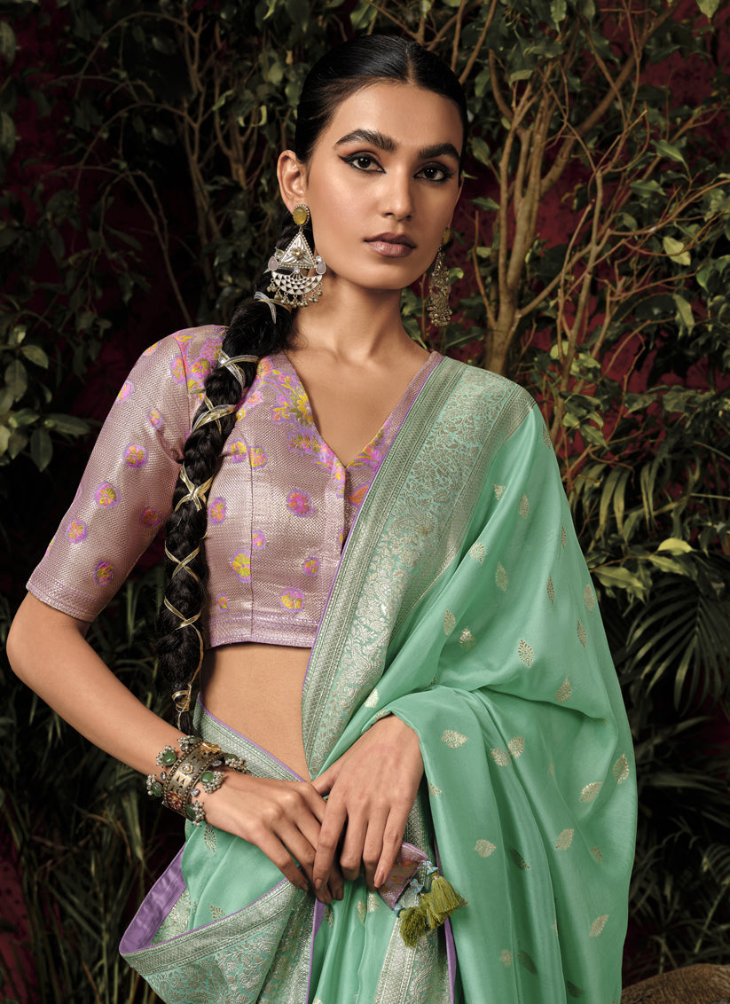 Sea Green Pure Viscose Dola Silk Zari Woven Saree for Wedding