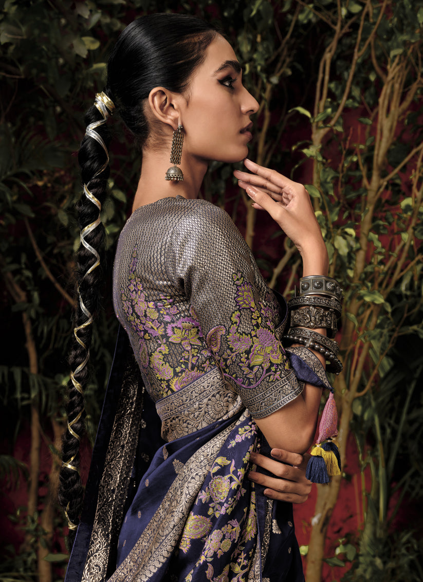 Navy Blue Pure Viscose Dola Silk Zari Woven Saree for Wedding