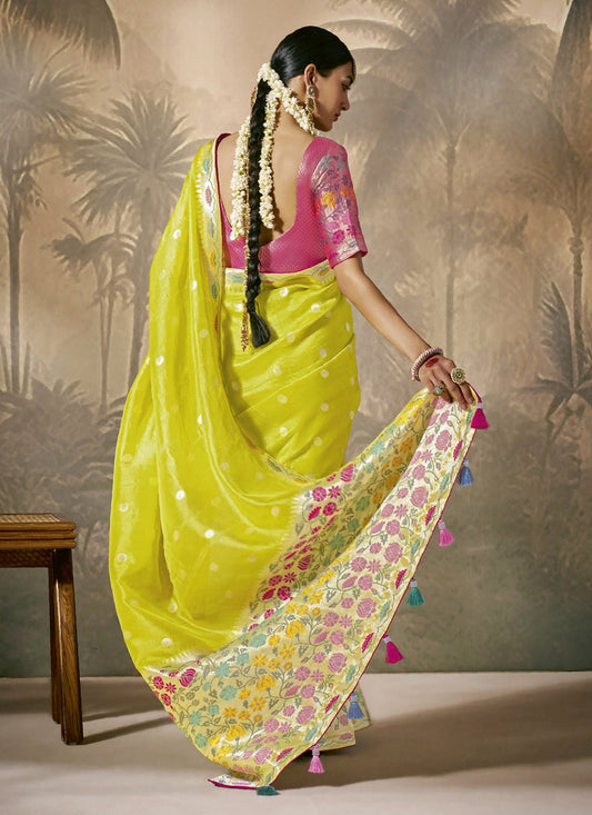 Lime Green Silk Woven Work Designer Wedding Saree