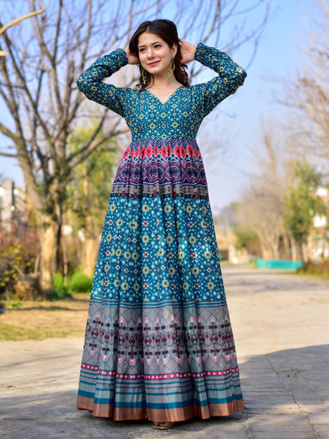 Blue Pure Chanderi Digital Printed Gown