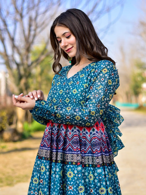 Blue Pure Chanderi Digital Printed Gown