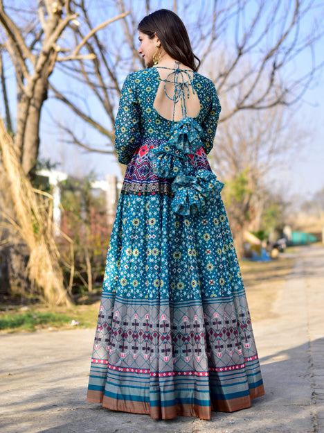 Blue Pure Chanderi Digital Printed Gown