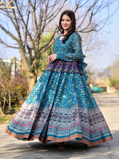 Blue Pure Chanderi Digital Printed Gown