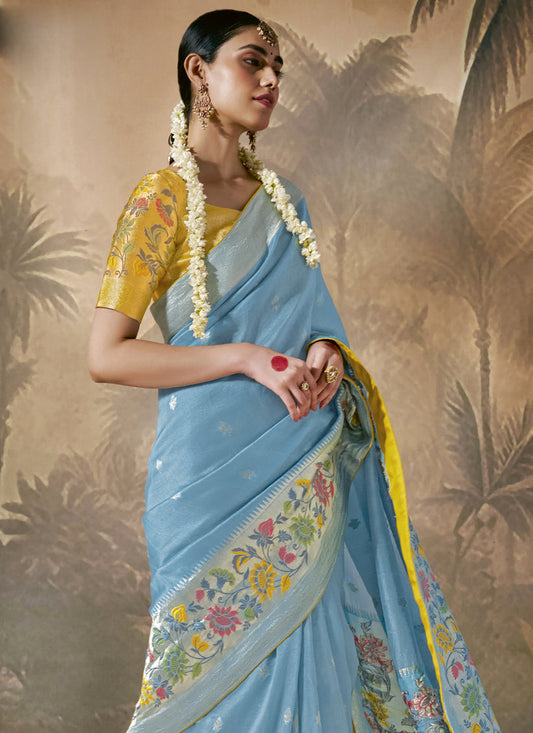 Sky Blue Silk Woven Work Designer Wedding Saree