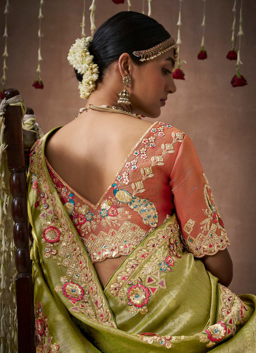 Olive Green Organza Silk Embroidered Designer Saree