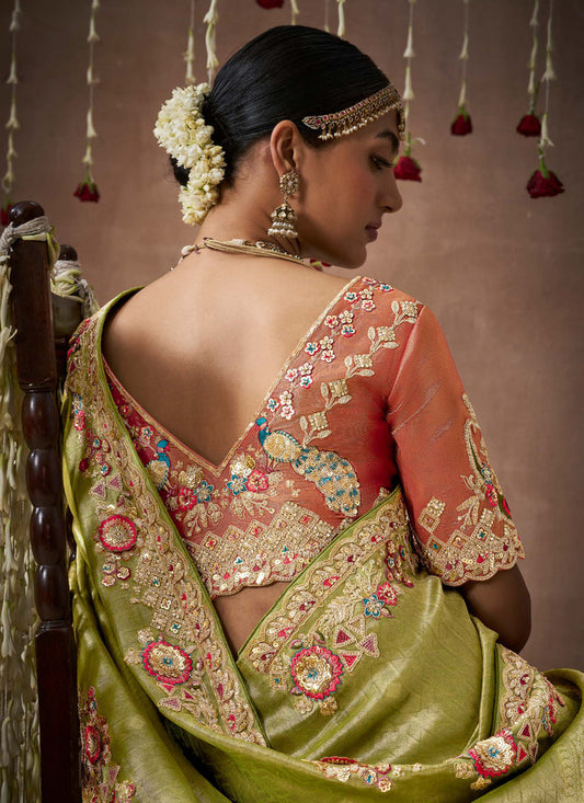 Olive Green Organza Silk Embroidered Designer Saree