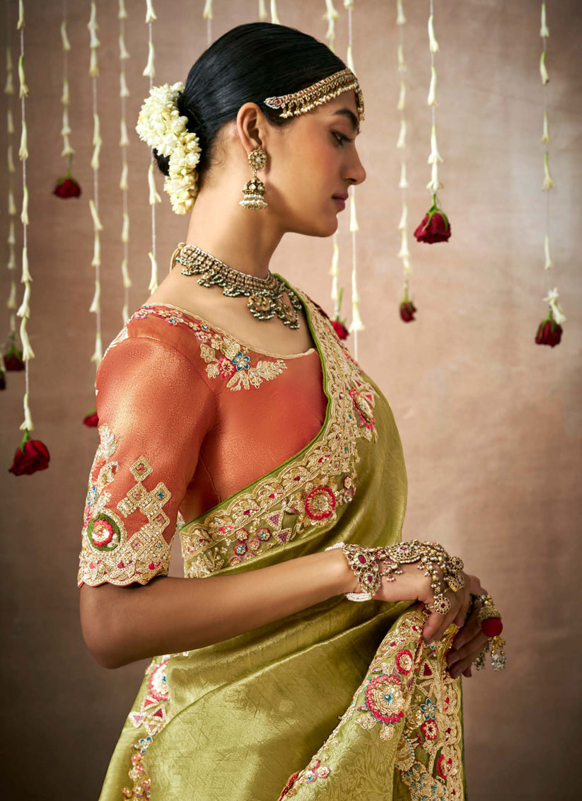 Olive Green Organza Silk Embroidered Designer Saree