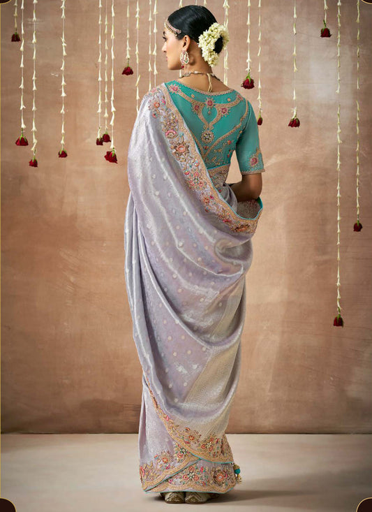 Dusty Purple Organza Silk Embroidered Designer Saree