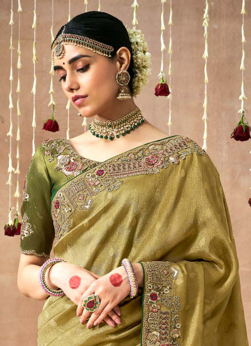Olive Green Organza Silk Embroidered Designer Saree