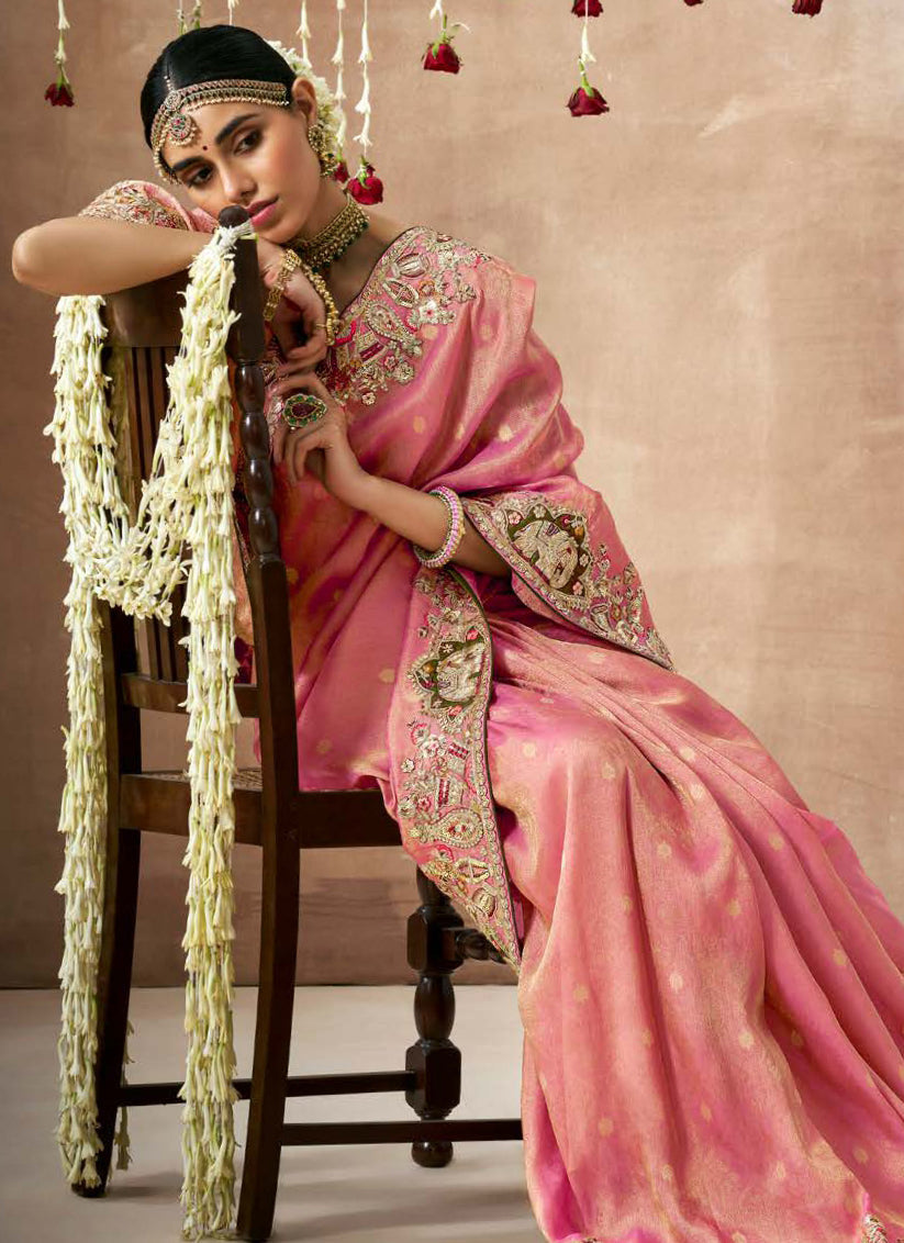 Pink Organza Silk Embroidered Designer Saree