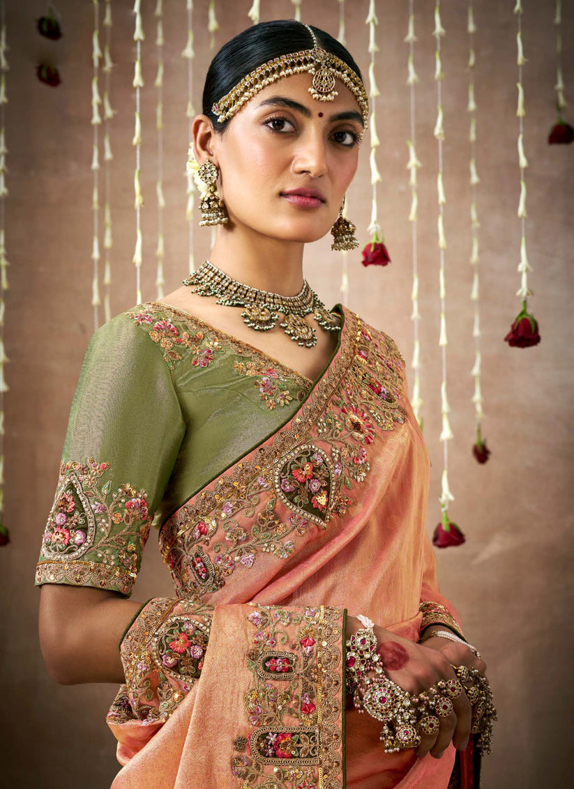 Orange Organza Silk Embroidered Designer Saree