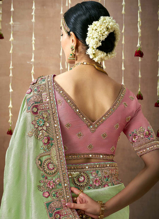 Pista Green Organza Silk Embroidered Designer Saree
