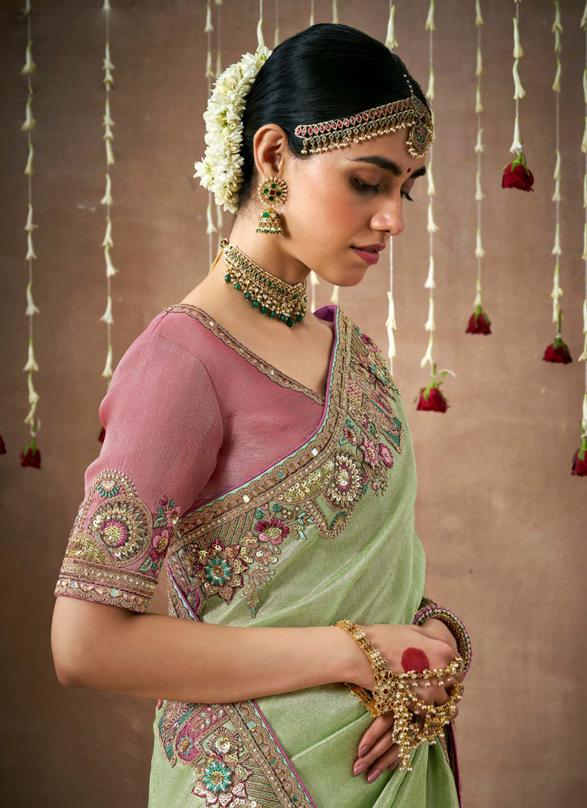 Pista Green Organza Silk Embroidered Designer Saree